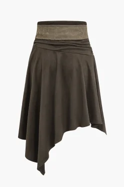 MICAS Skirts-Faux Suede Asymmetrical High Waist Skirt BROWN