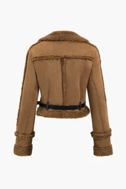 MICAS Outerwear|Outerwear-Faux Suede Belted Zipper Long-Sleeve Jacket CHOCOLATE