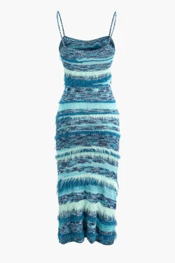 MICAS Knitwear|Knit Dresses-Feather Detail Stripe Cami Knit Midi Dress