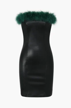 MICAS Mini Dresses-Feather Neckline Leather Mini Dress BLACK