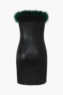 MICAS Mini Dresses-Feather Neckline Leather Mini Dress BLACK