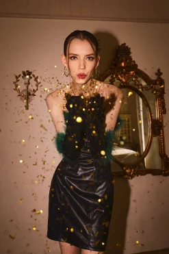 MICAS Mini Dresses-Feather Neckline Leather Mini Dress BLACK