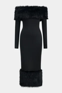 MICAS Long Sleeve Dresses|Maxi Dresses-Feather Off Shoulder Long Sleeve Maxi Dress BLACK