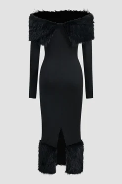 MICAS Long Sleeve Dresses|Maxi Dresses-Feather Off Shoulder Long Sleeve Maxi Dress BLACK