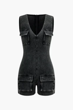 MICAS Jumpsuits & Rompers-Flap Pocket V-neck Romper BLACK