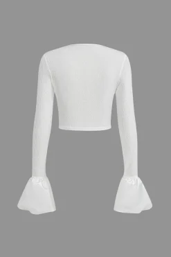 MICAS Long Sleeve Tops|Long Sleeves Tops-Flared Cuff Textured Long Sleeve Crop Top WHITE