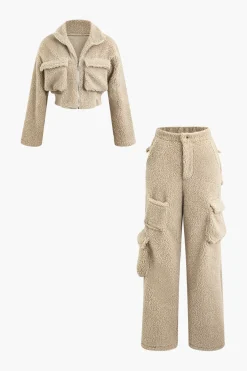 MICAS Pant Sets-Fleece Collar Flap Pocket Zip Up Long Sleeve Top And Straight Leg Cargo Pants Set