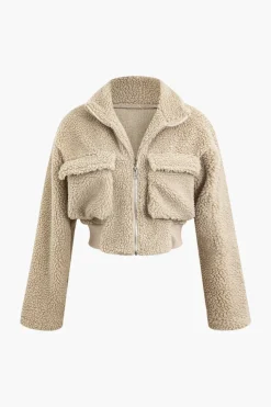 MICAS Pant Sets-Fleece Collar Flap Pocket Zip Up Long Sleeve Top And Straight Leg Cargo Pants Set