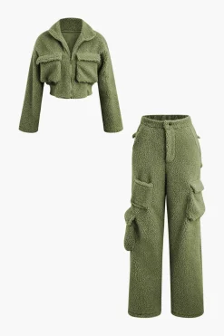 MICAS Pant Sets-Fleece Collar Flap Pocket Zip Up Long Sleeve Top And Straight Leg Cargo Pants Set