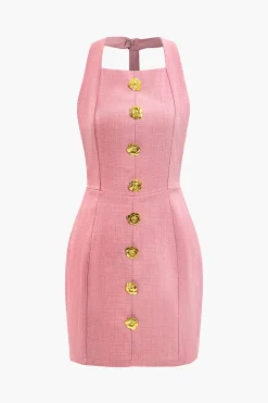 MICAS Mini Dresses-Floral Button Halter Neck Backless Mini Dress PINK