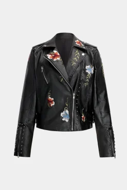 MICAS Outerwear|Outerwear-Floral Embroidery Faux Leather Zipper Long Sleeve Jacket BLACK