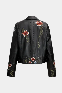 MICAS Outerwear|Outerwear-Floral Embroidery Faux Leather Zipper Long Sleeve Jacket BLACK