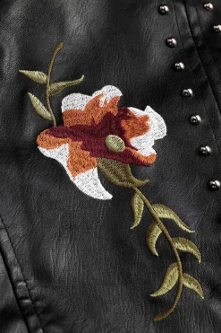 MICAS Outerwear|Outerwear-Floral Embroidery Faux Leather Zipper Long Sleeve Jacket BLACK
