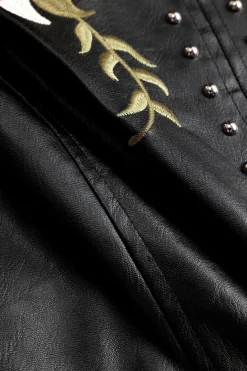 MICAS Outerwear|Outerwear-Floral Embroidery Faux Leather Zipper Long Sleeve Jacket BLACK