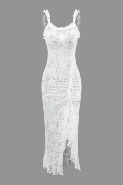 MICAS Maxi Dresses-Floral Lace Tie Back Slit Maxi Dress