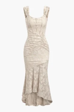 MICAS Midi Dresses-Floral Pattern Asymmetrical Hem Ruched Mermaid Sleeveless Midi Dress