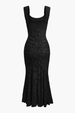 MICAS Midi Dresses-Floral Pattern Asymmetrical Hem Ruched Mermaid Sleeveless Midi Dress