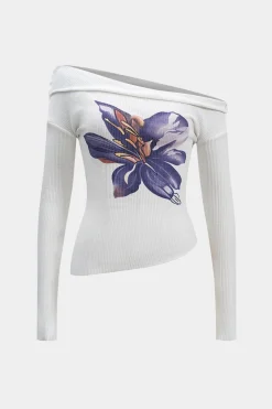 MICAS Long Sleeve Tops|Long Sleeves Tops-Floral Print Asymmetrical Long-Sleeve Top WHITE
