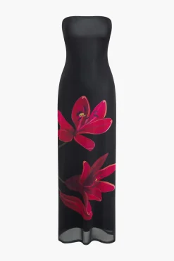 MICAS Maxi Dresses-Floral Print Backless Tie Mesh Strapless Maxi Dress BLACK