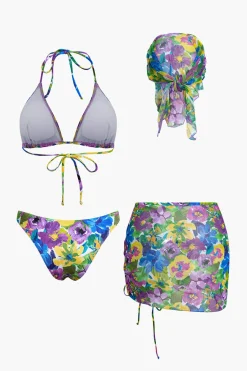 MICAS Swimwear-Floral Print Bikini Set With Matching Skirt Cover Up And Headscarf PURPLE