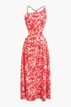 MICAS Midi Dresses-Floral Print Criss Cross Backless Slit Midi Dress