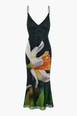 MICAS Midi Dresses-Floral Print Crisscross Back Mesh Slip Midi Dress BLACK