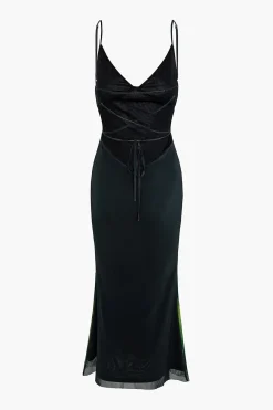 MICAS Midi Dresses-Floral Print Crisscross Back Mesh Slip Midi Dress BLACK