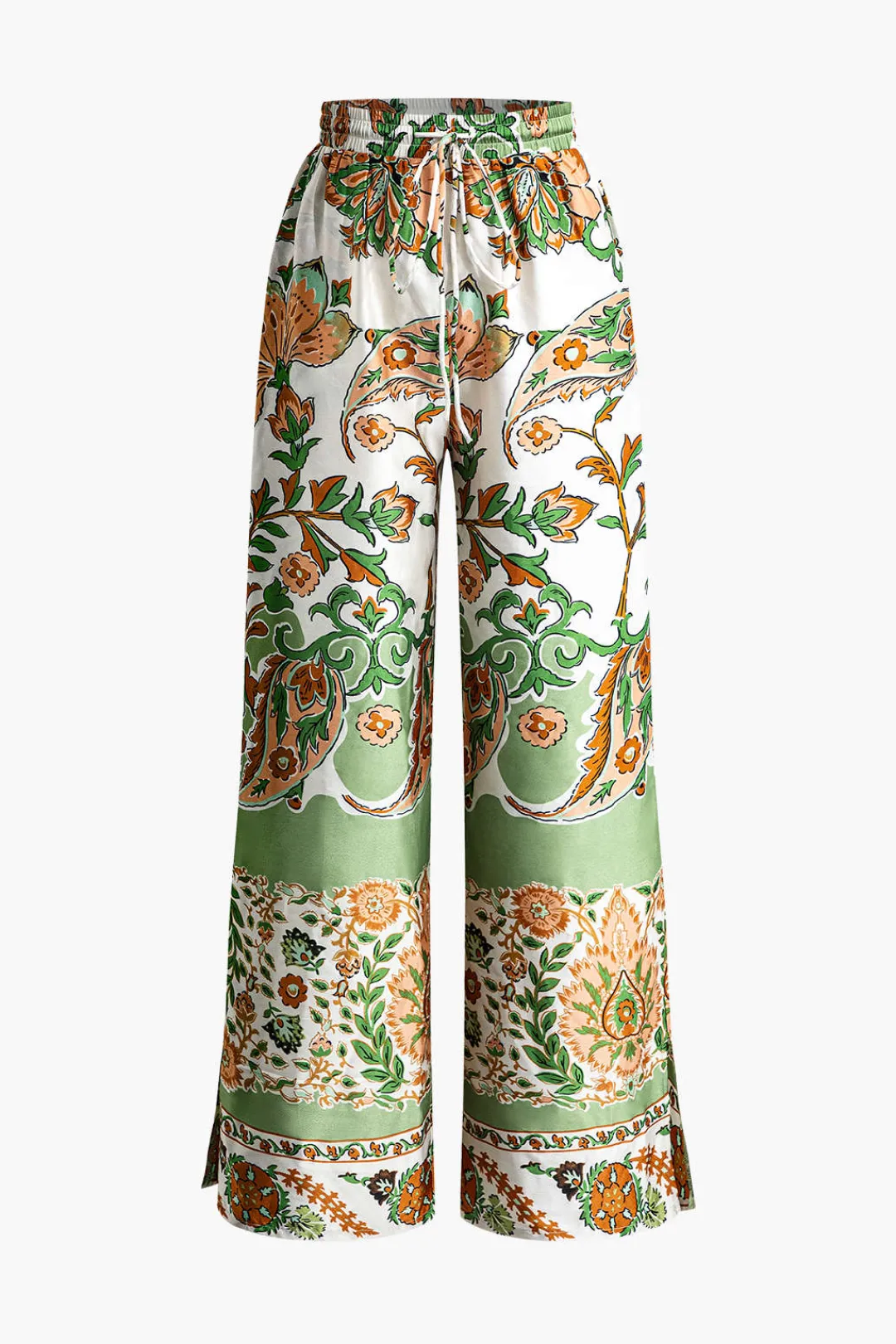 MICAS Pants-Floral Print Drawstring Slit Wide Leg Pants Contrast Color