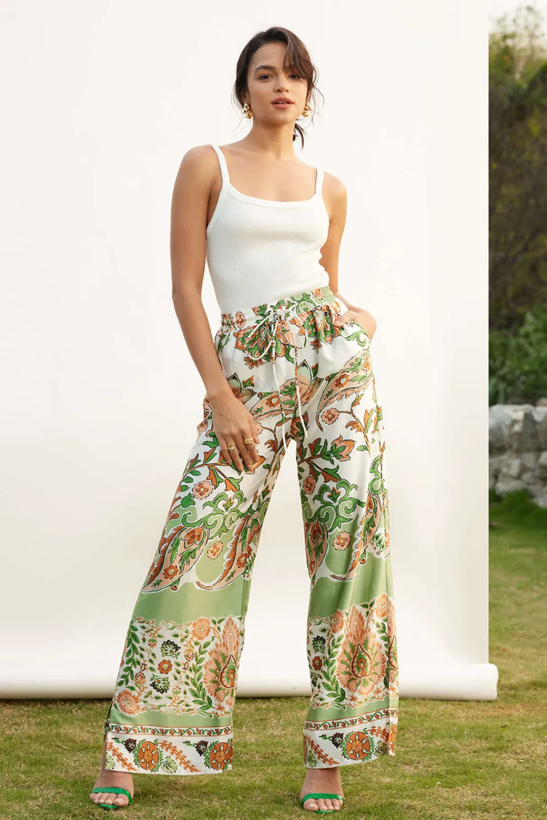 MICAS Pants-Floral Print Drawstring Slit Wide Leg Pants Contrast Color
