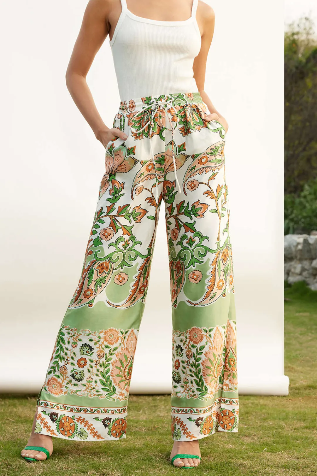 MICAS Pants-Floral Print Drawstring Slit Wide Leg Pants Contrast Color