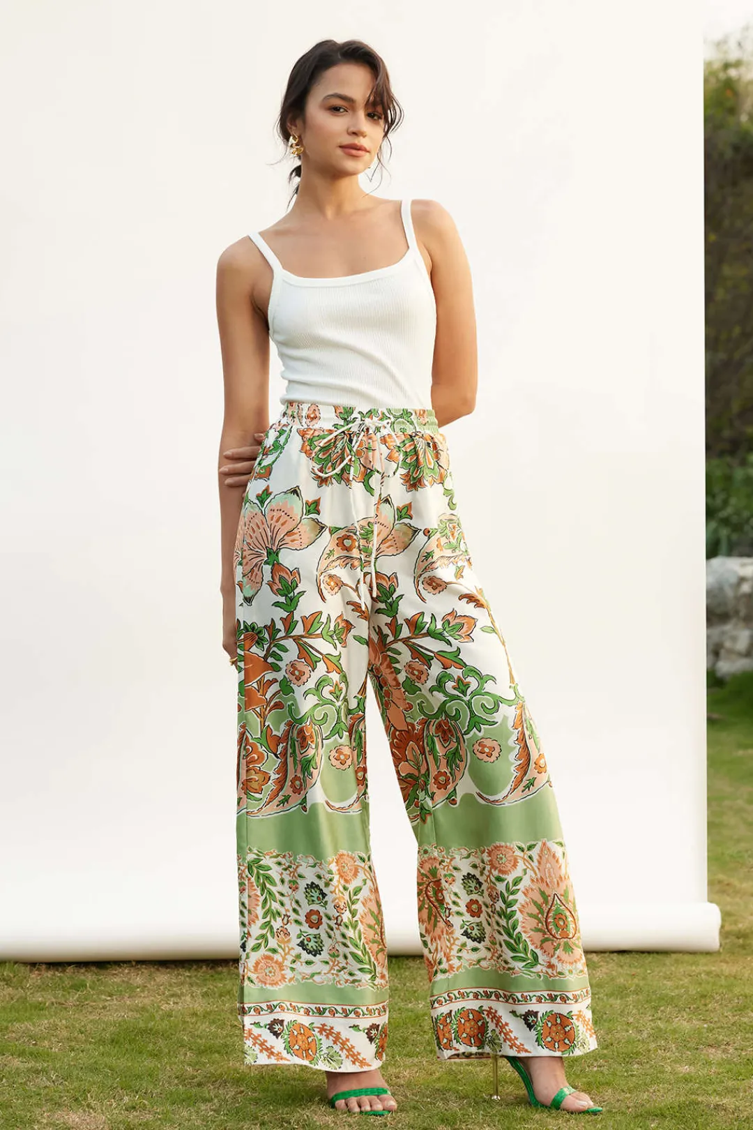 MICAS Pants-Floral Print Drawstring Slit Wide Leg Pants Contrast Color