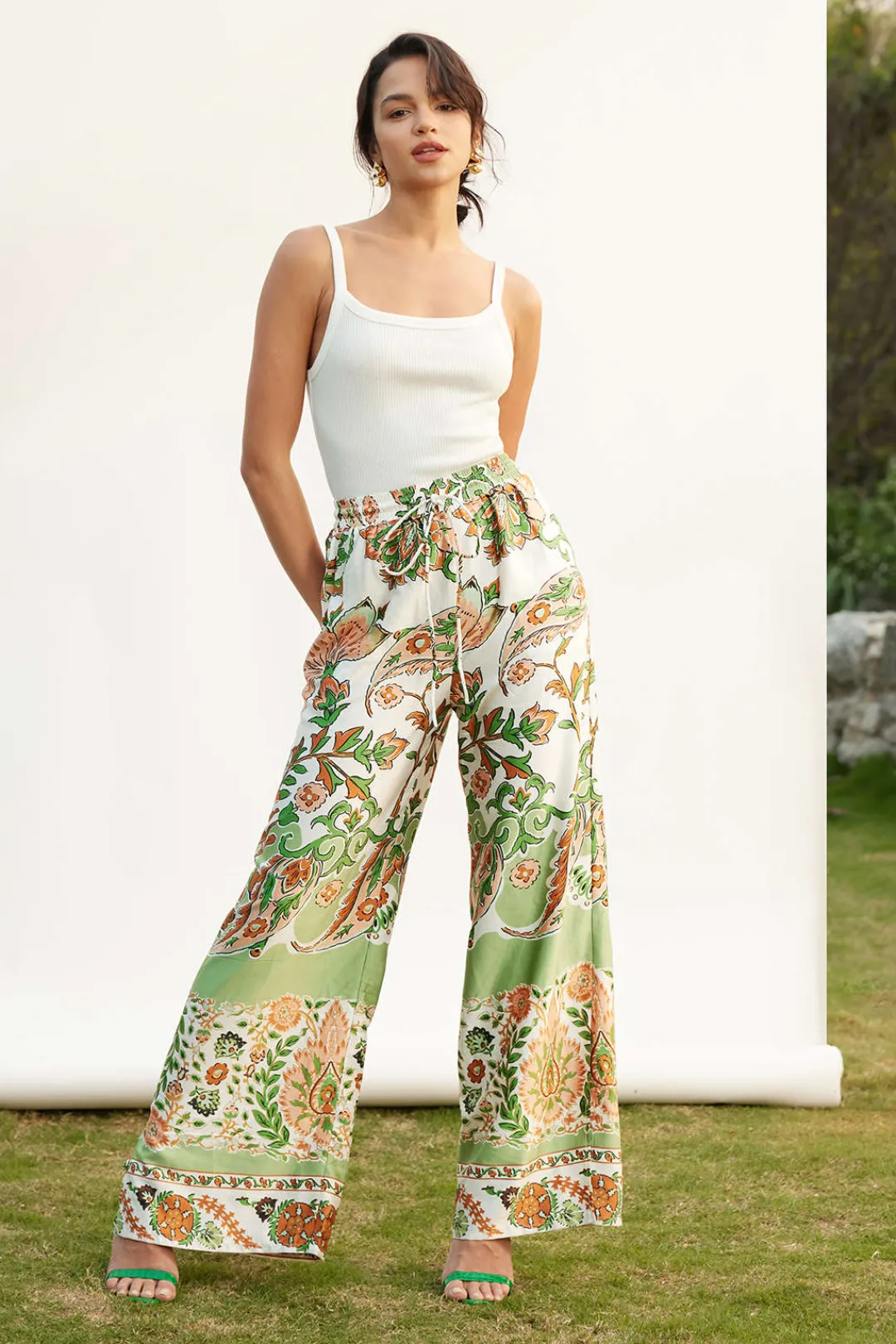 MICAS Pants-Floral Print Drawstring Slit Wide Leg Pants Contrast Color