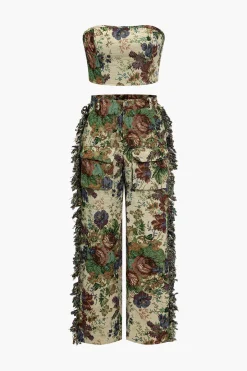 MICAS Pant Sets|Vacation Sets-Floral Print Fringe Tie Back Tube Top And Button Pocket Trouser Set MULTICOLOR