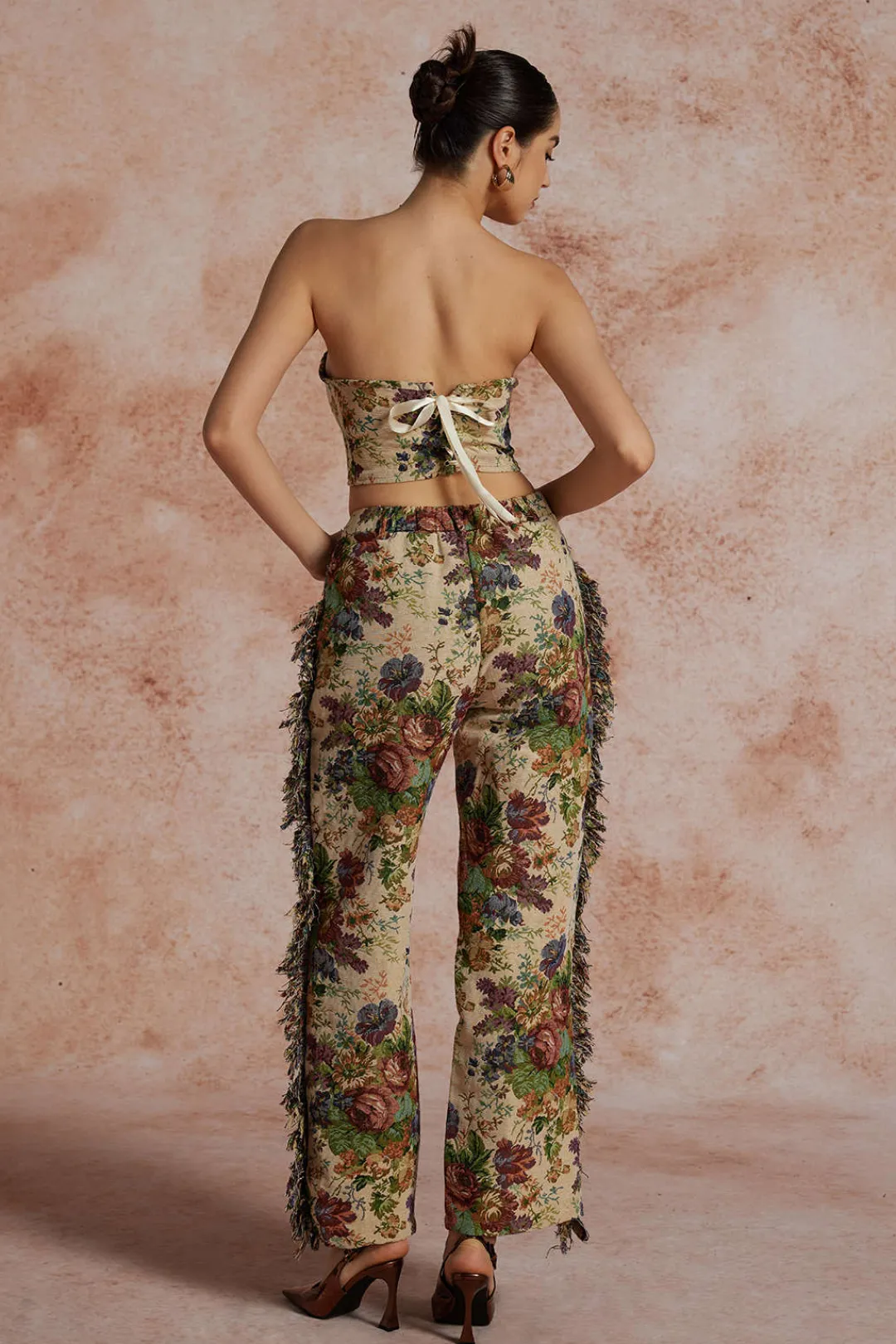 MICAS Pant Sets|Vacation Sets-Floral Print Fringe Tie Back Tube Top And Button Pocket Trouser Set MULTICOLOR