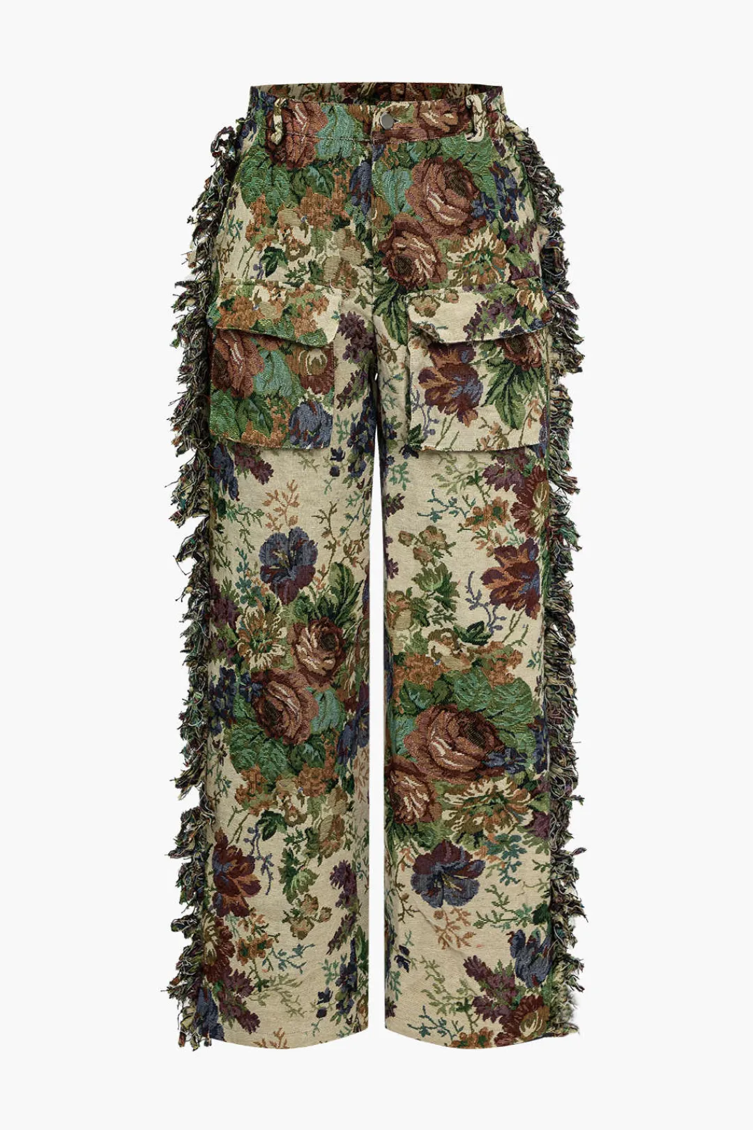 MICAS Pant Sets|Vacation Sets-Floral Print Fringe Tie Back Tube Top And Button Pocket Trouser Set MULTICOLOR