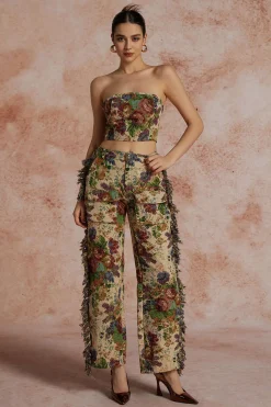 MICAS Pant Sets|Vacation Sets-Floral Print Fringe Tie Back Tube Top And Button Pocket Trouser Set MULTICOLOR