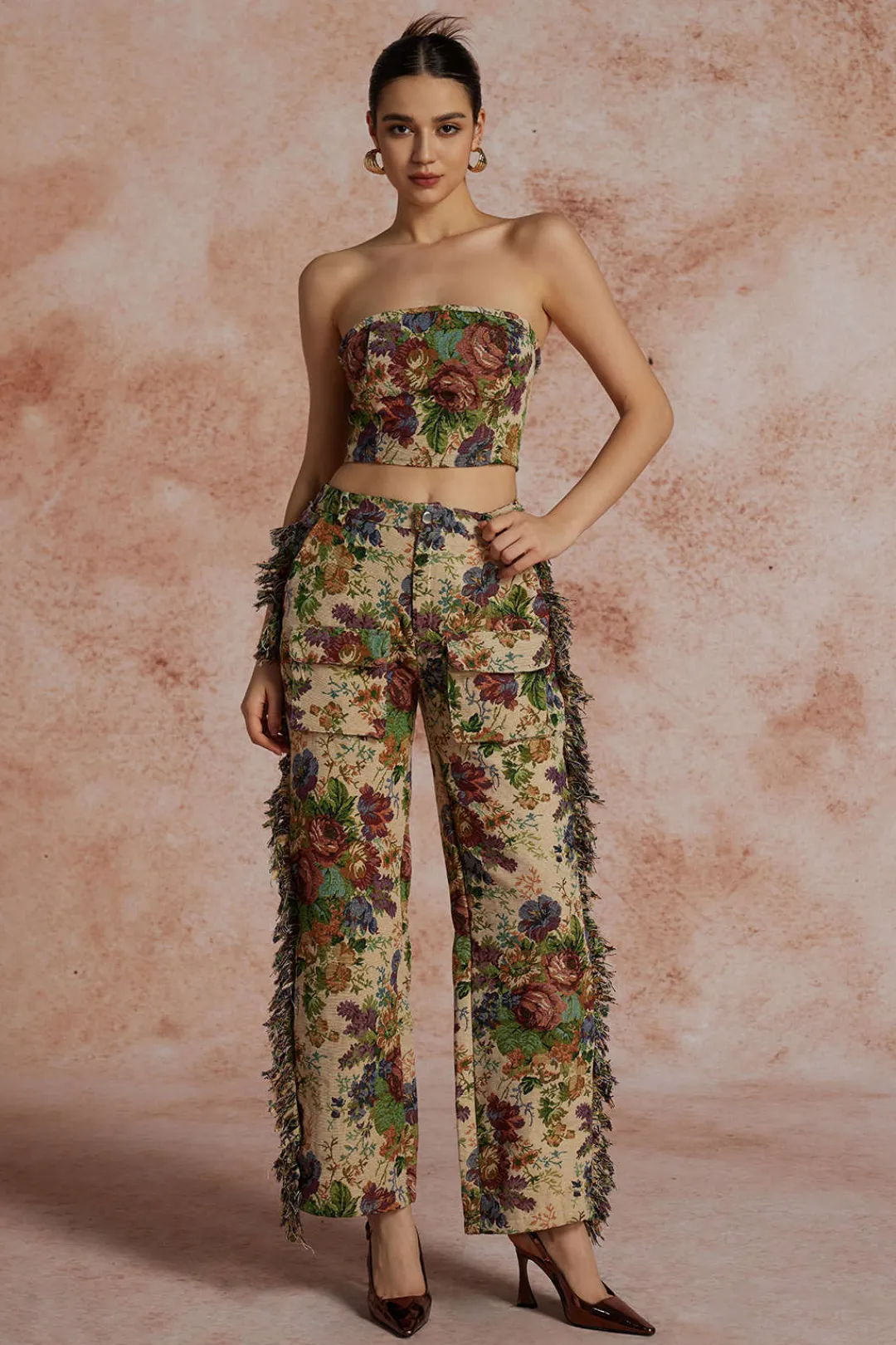 MICAS Pant Sets|Vacation Sets-Floral Print Fringe Tie Back Tube Top And Button Pocket Trouser Set MULTICOLOR