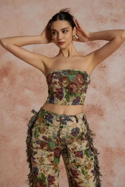 MICAS Pant Sets|Vacation Sets-Floral Print Fringe Tie Back Tube Top And Button Pocket Trouser Set MULTICOLOR