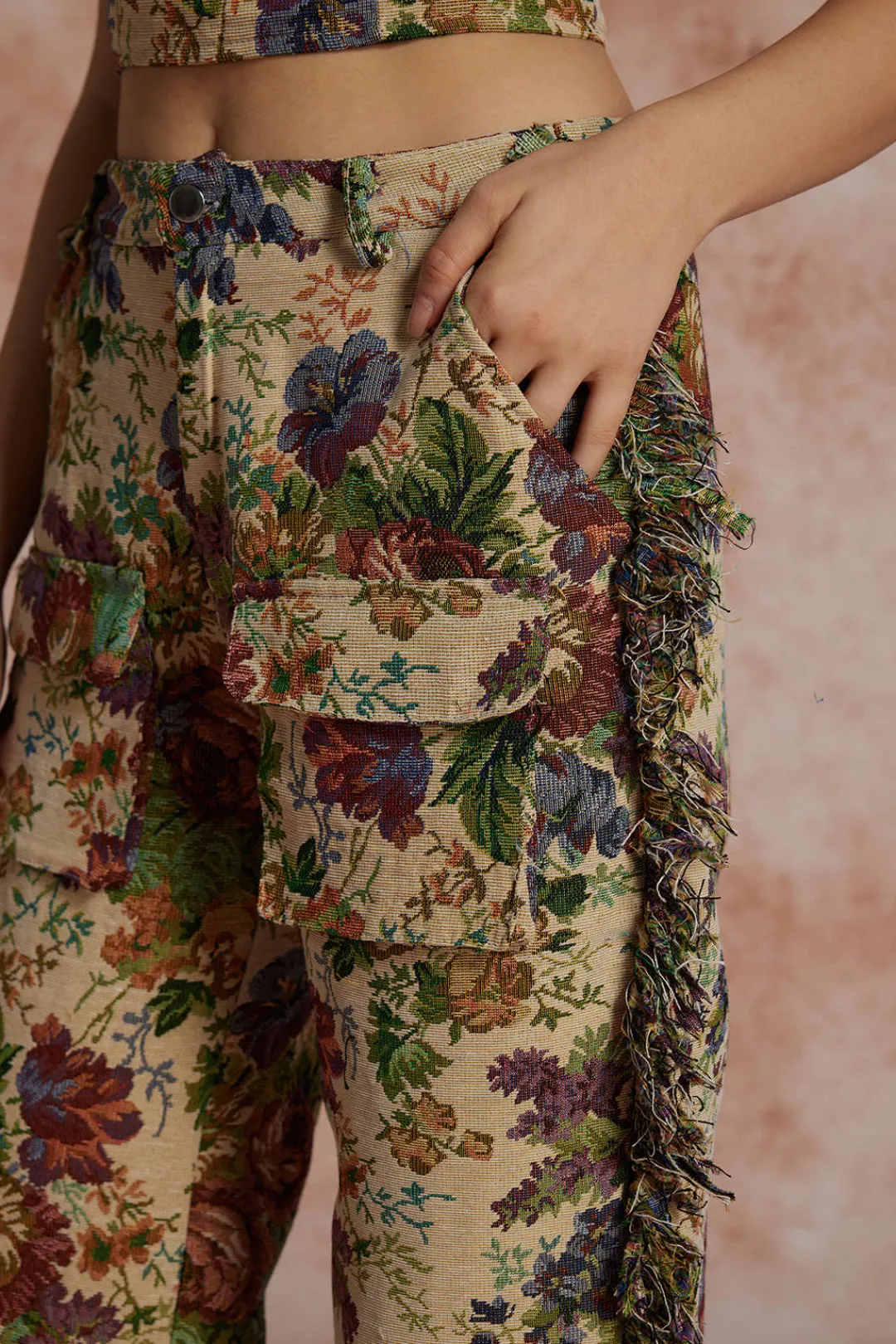 MICAS Pant Sets|Vacation Sets-Floral Print Fringe Tie Back Tube Top And Button Pocket Trouser Set MULTICOLOR