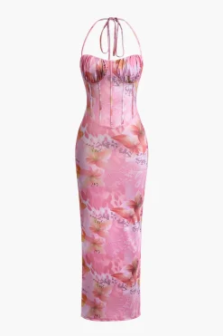 MICAS Midi Dresses-Floral Print Halter Slit Corset Midi Dress PINK