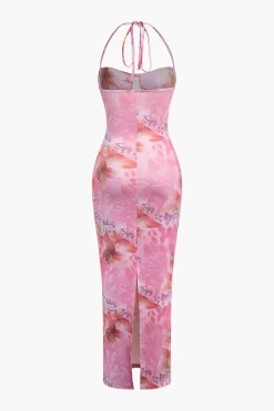 MICAS Midi Dresses-Floral Print Halter Slit Corset Midi Dress PINK