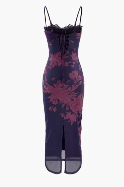 MICAS Maxi Dresses-Floral Print Lace Trim Slit Maxi Dress PLUM