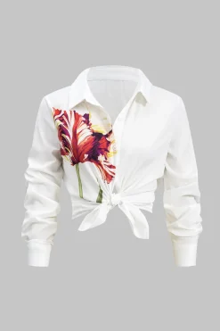 MICAS Long Sleeve Tops|Long Sleeves Tops-Floral Print Long-Sleeve Shirt WHITE