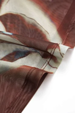 MICAS Long Sleeve Tops|Long Sleeves Tops-Floral Print Mesh Off-Shoulder Long Sleeve Top RUST