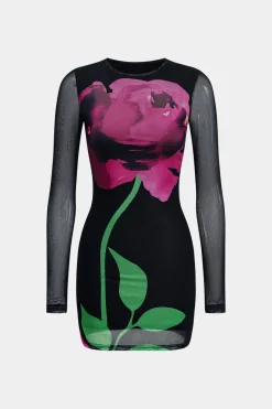 MICAS Long Sleeve Dresses|Mini Dresses-Floral Print Mesh Round Neck Long Sleeve Mini Dress BLACK