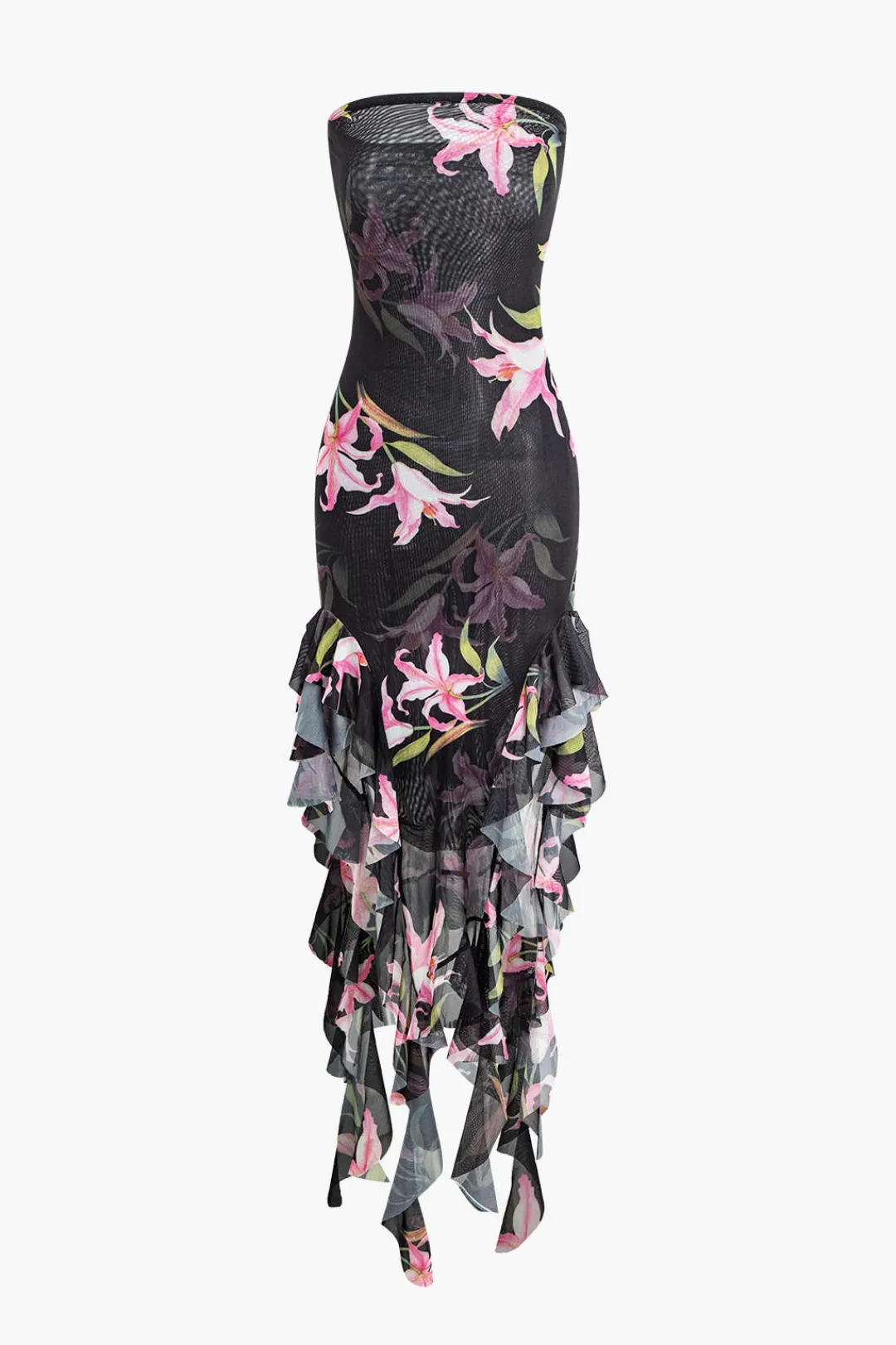 MICAS Maxi Dresses-Floral Print Mesh Ruffle Layered Strapless Midi Dress BLACK