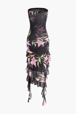 MICAS Maxi Dresses-Floral Print Mesh Ruffle Layered Strapless Midi Dress BLACK