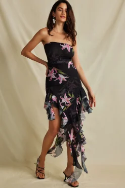 MICAS Maxi Dresses-Floral Print Mesh Ruffle Layered Strapless Midi Dress BLACK