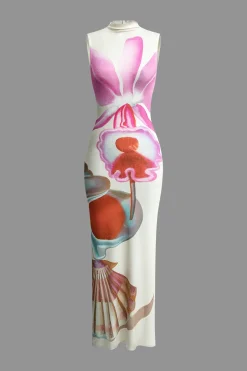 MICAS Maxi Dresses-Floral Print Mock Neck Slit Sleeveless Maxi Dress WHITE