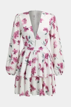 MICAS Long Sleeve Dresses|Mini Dresses-Floral Print Ruffle V-Neck Long Sleeve Mini Dress WHITE